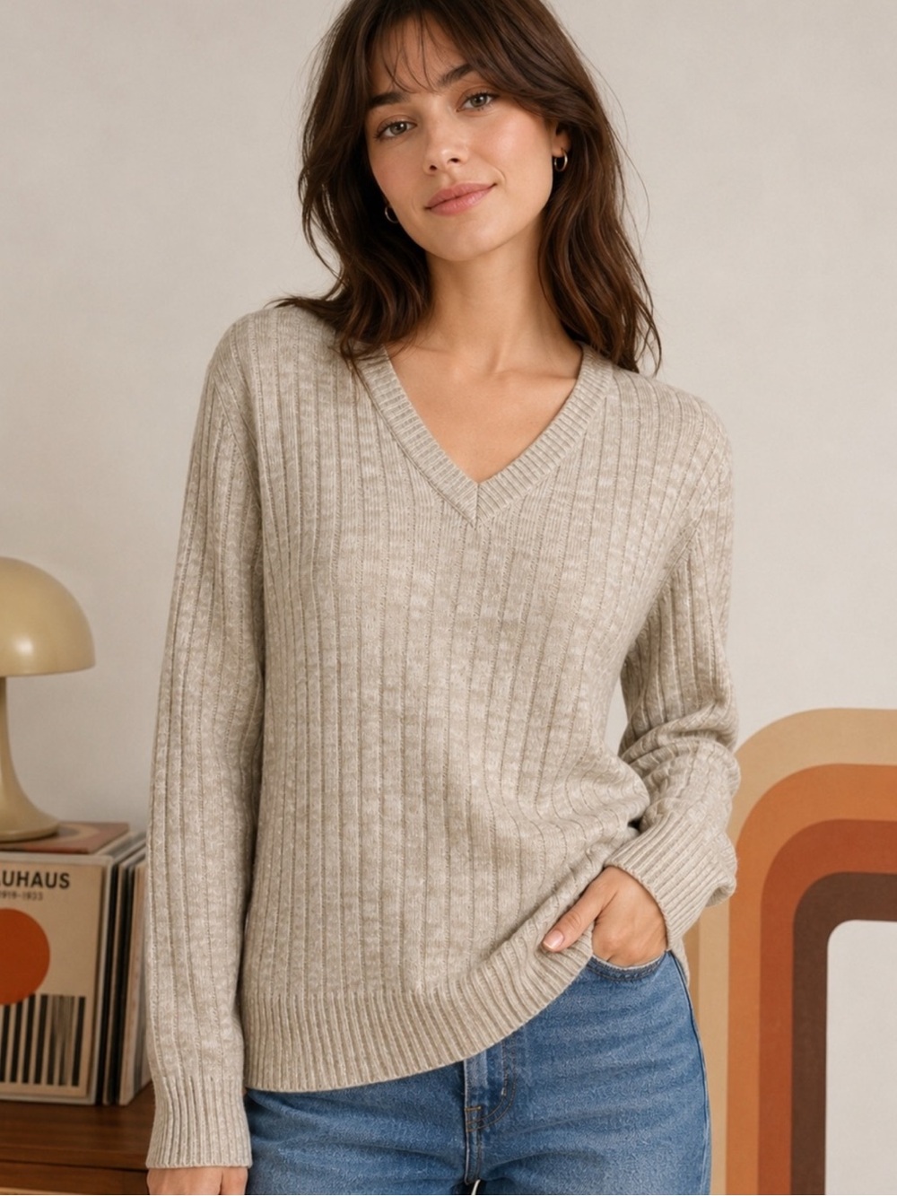 Vintage Brian MacNeil Textured Rib V Neck Sweater Oatmeal Beige M